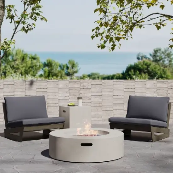 Christopher Knight Home Sherwood Outdoor Acacia Wood Club Chairs with Cushions and Circular Fire Pit image {12}