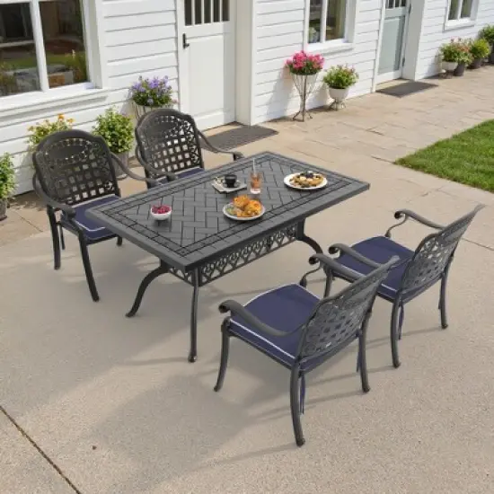 5-Piece Durable Cast Aluminum Outdoor Dining Set - Rectangle Table & Stackable Chairs Comfortable Blue Cushions - Perfect Patio & Backyard Furniture image {10}