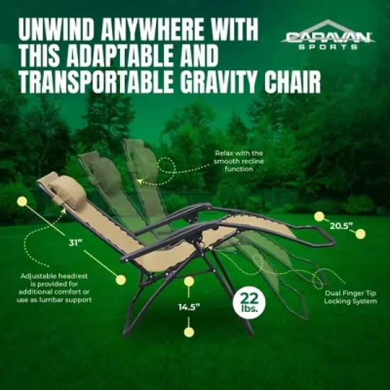 Caravan Sports Zero Gravity Outdoor Portable Folding Camping Lawn Deck Patio Pool Recliner Lounge Chair for Adults, Adjustable Headrest image {2}