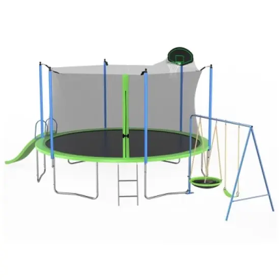 NAYSAYE Trampoline 12FT with Slide and Swings for Outdoor Backyard Use with Basketball Hoop and Ladder, Green, 254.00"*144.00"*121.20" image {5}
