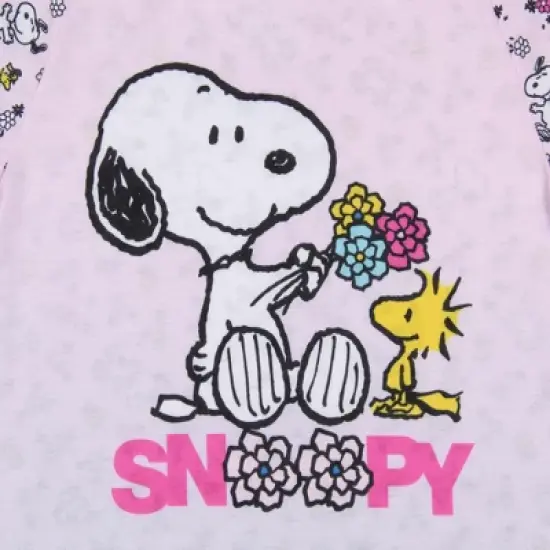 Girls' Peanuts Snoopy Woodstock Flowers Friends Nightgown Pajama Shirt Pink image {1}