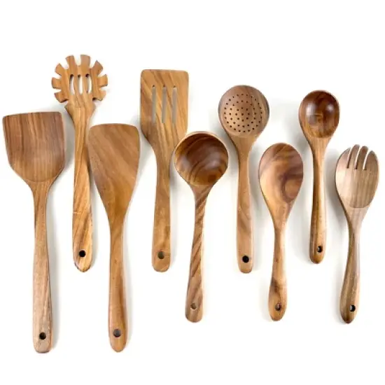 SUGIFT 9pc Non-Toxic Kitchen Utensils Set Natural Teak Wooden Cooking Utensils Set image {11}