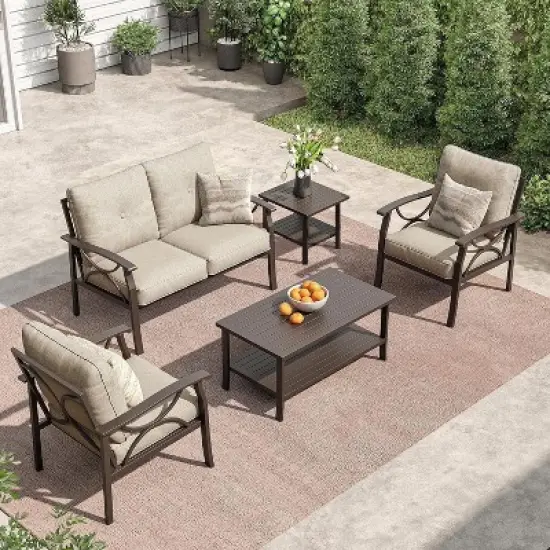 Heynemo Outdoor Patio Furniture Set, 4 Piece Patio Conversation Set with Coffee Table, Metal Furniture Set for Porch Backyard Garden, Coffee image {1}