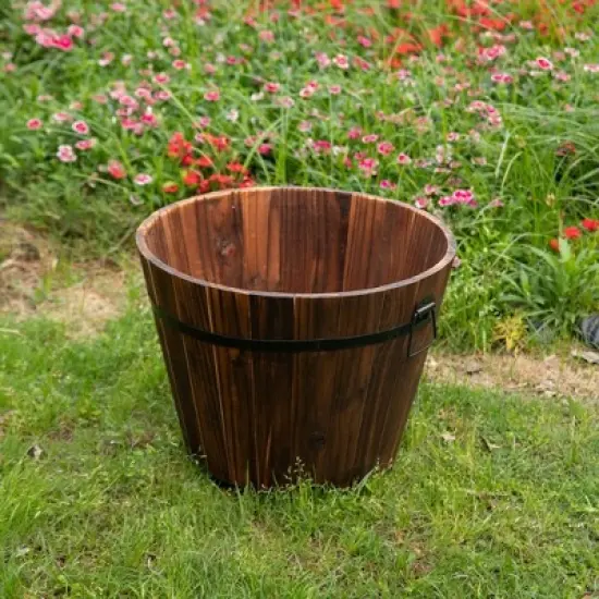 Gardenised Rustic Wooden Whiskey Barrel Planter with Durable Medal Handles and Drainage Holes - Perfect for Indoor and Outdoor Use image {8}