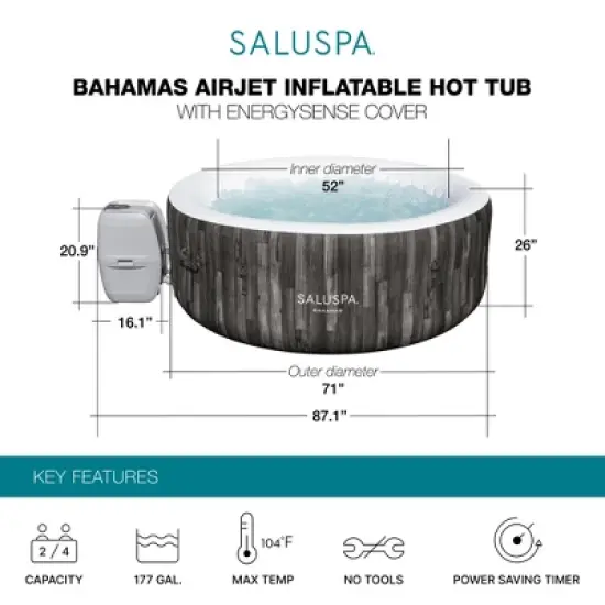 Bestway SaluSpa Bahamas 2-4 Person Inflatable Hot Tub, Round Energy-Efficient Portable Spa with 120 AirJets, 71" x 26" image {1}