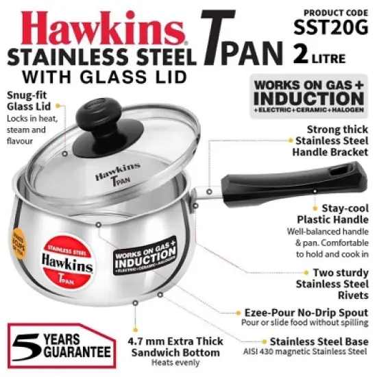 Hawkins 2L Stainless Steel Sauce Pan with Glass Lid: Induction & Gas Compatible, Hand Wash, 1-Year Warranty image {1}