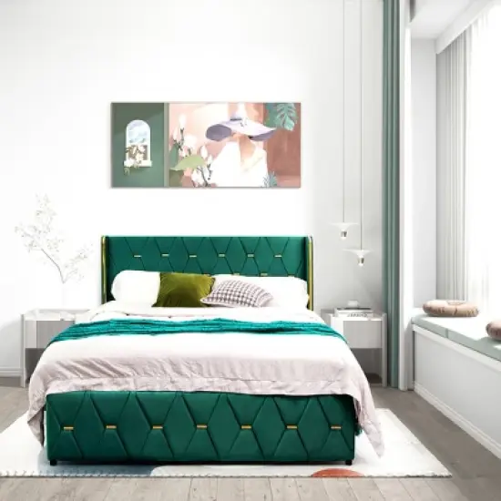 Costway  Upholstered Platform Bed Frame Adjustable Headboard Footboard Modern Green image {3}
