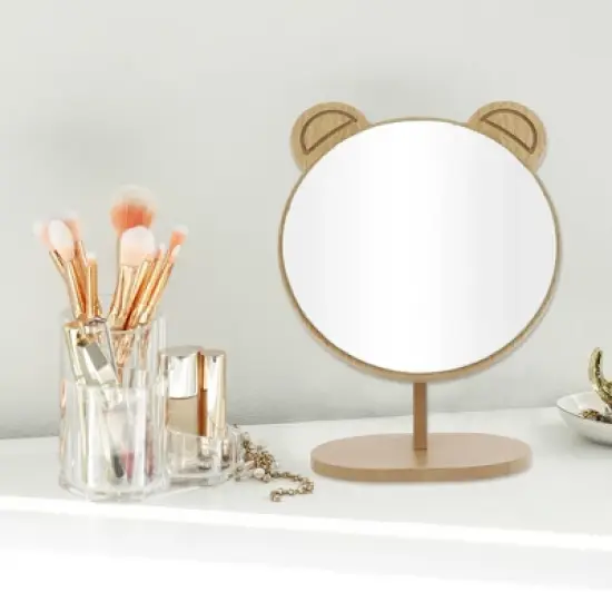 Unique Bargains Large Panda Ears Desktop Cosmetic Mirror Wood Color 1 Pc image {2}