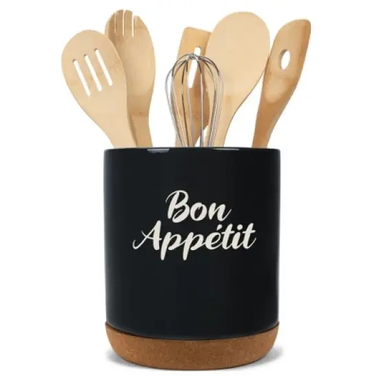 Elanze Designs Bon Appetit Chef Cooking Culinary Arts Ceramic Cork Bottom Black Large Capacity Utensil Holder Crock for Countertop Storage, Stylish & image {4}