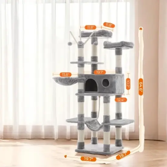 64.6 Inches Large Cat Tree Tower, Tall Cat Activity Center with Hammock, Basket, and Removable Fur Ball Sticks, Cat Condo Cat Houses for Indoor Cats image {3}