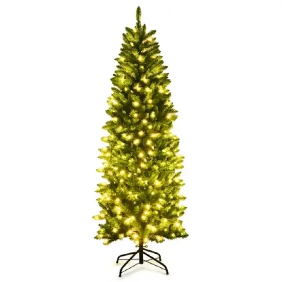 Costway 5/6/7 Ft Pre-lit Artificial Pencil Christmas Tree Hinged Fir PVC Tree with 150/250/350 LED Lights image {11}