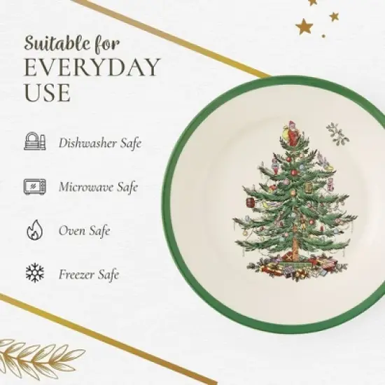 Spode Christmas Tree 8" Salad Plate Set of 4- Stoneware Plate with Christmas Tree Design, Green Bordered Edges, Microwave, Dishwasher & Oven Safe image {5}