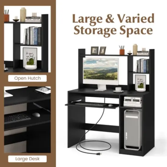 Costway Computer Desk Study Bookcase Workstation with Charging Station Hutch & CPU Stand image {6}