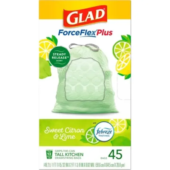 Glad ForceFlex MaxStrength Tall Kitchen Drawstring Trash Bags - Febreze Sweet Citron & Lime - 13 Gallon/45ct image {8}