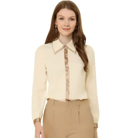 Allegra K Women's Contrast Collar Long Sleeve Office Button Down Shirts image {5}