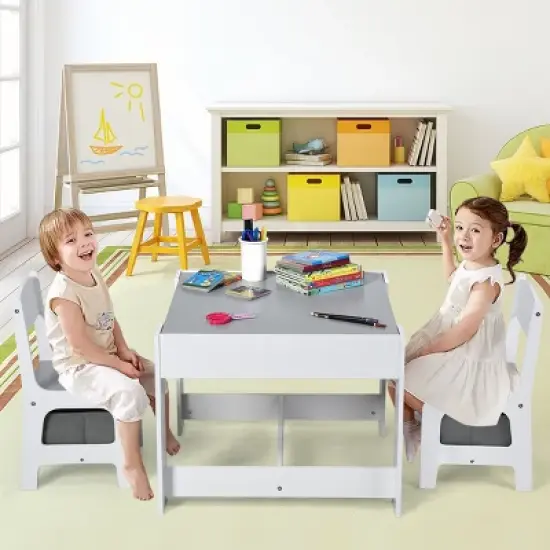 Costway Kids Table Chairs Set With Storage Boxes Blackboard Whiteboard Drawing GreyNature image {3}