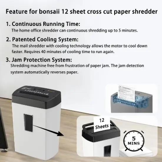 Bonsaii 12-Sheet Cross Cut Shredder, 5.5 Gal, for Paper, Credit Cards, Mail, Staples, P-4 Security, Transparent Window, White/Black, for Home Office image {4}