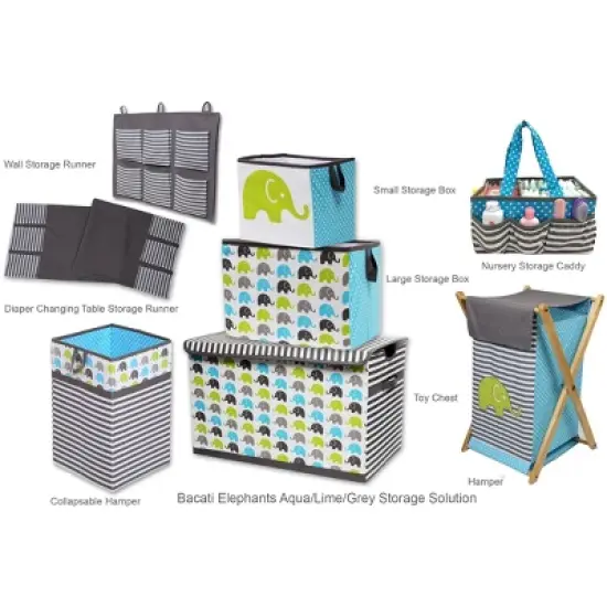 Bacati - Elephants Aqua/Lime/Gray Laundry Hamper with Wooden Frame image {2}