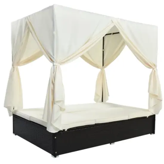 Outdoor Patio Rattan Canopy Daybed Sunbed with Curtain and Adjustable Seat image {1}