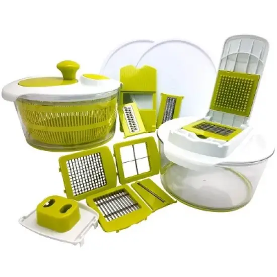 10-in-1 Multi-Use Salad Spinning Slicer, Dicer and Chopper with Interchangeable Blades and Storage Lids image {1}