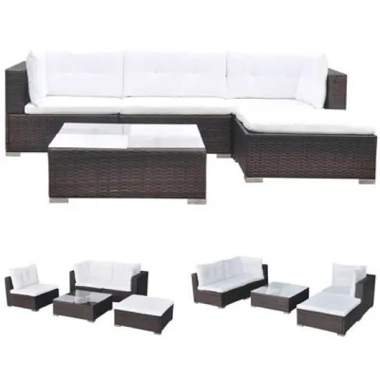 vidaXL 5 Piece Patio Lounge Set - Poly Rattan, Brown - Durable, All-Weather Outdoor Sofa Set with Cushions, Ottoman and Tea Table image {16}