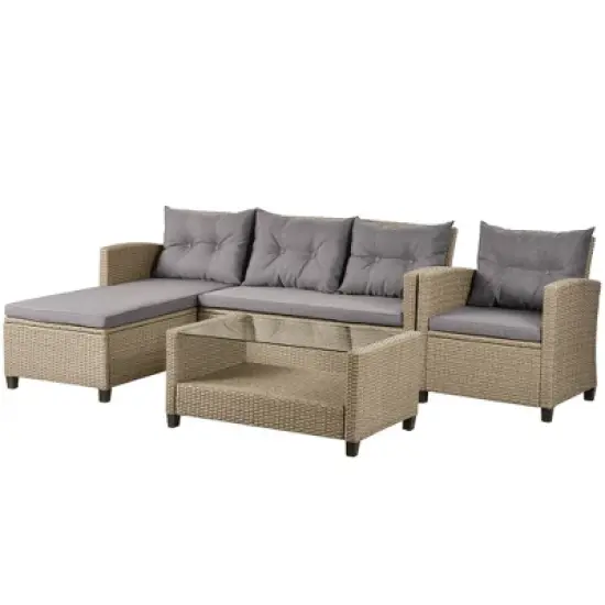 4pc Wicker Patio Conversation Set with Cushions - Beige/Brown - GODEER image {6}