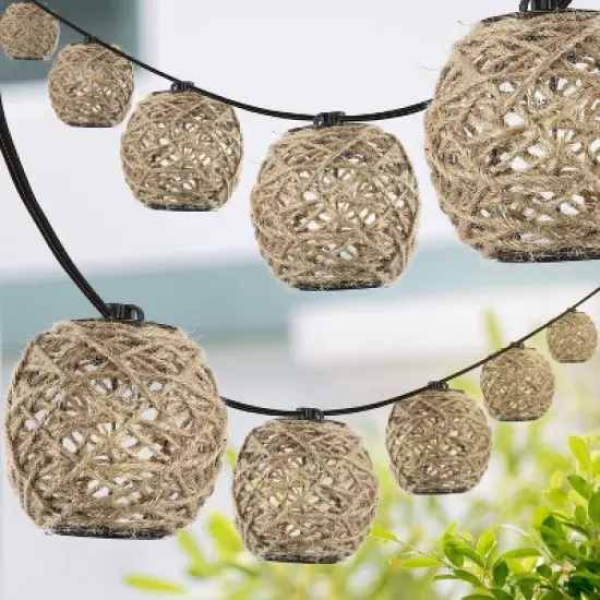 JONATHAN Y Oahu 10' 10-Light Incandescent C7 Hemp Rope Shaded String Lights: UL Listed, Indoor/Outdoor Use, LED Compatible image {4}