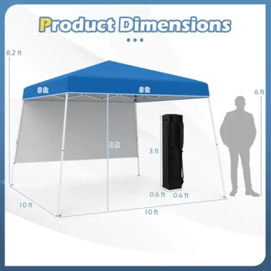 Costway 10 X 10FT Pop up Canopy Tent with 1 Sidewall, Portable Backpack, 4 Stakes Slant Leg Blue/White/Pinl/Gray image {2}