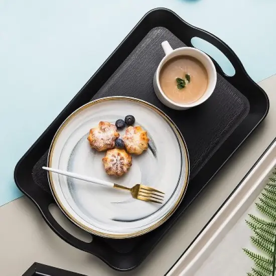 ATTOP 3 Pack Black Serving Trays with Handles,16 x 11IN Rectangular Non Skid Multi-Purpose Plastic OttomanTray for Restaurant, Parties,Table, Kitchen image {4}