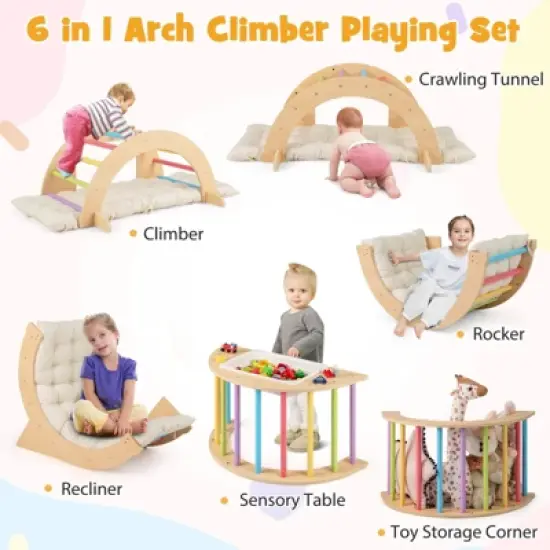 Costway 6 in 1 Climbing Arch for Toddlers with Collapsible Storage Bin Removable Cushion Natural/Colorful image {8}