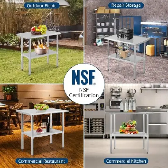 Stainless Steel Table for Prep & Work, 2-Tier Shelf Commercial Metal Worktable Adjustable Height & Leveling Feet, Extra Strength Kitchen Storage Rack image {7}