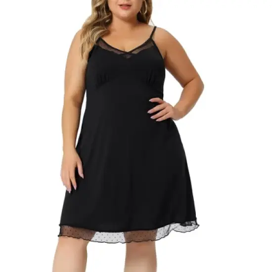 Agnes Orinda Women's Plus Size V Neck Spaghetti Strap Adjustable Mesh Panel Hem Sleeveles Lace Trim Nightgown image {5}