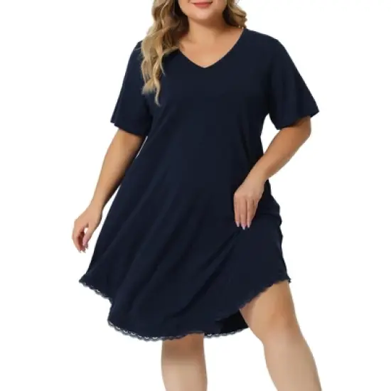 Agnes Orinda Women's Plus Size V Neck Short Sleeve Lace Trim Hem Nightgown image {7}