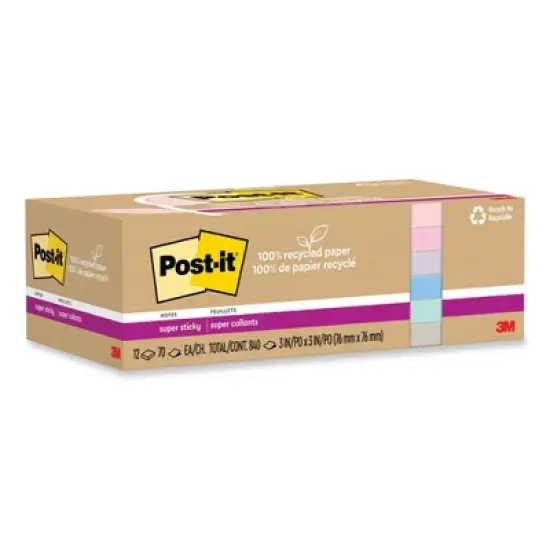 Post-it Notes Super Sticky 100% Recycled Paper Super Sticky Notes, 3" x 3", Wanderlust Pastels, 70 Sheets/Pad, 12 Pads/Pack image {1}