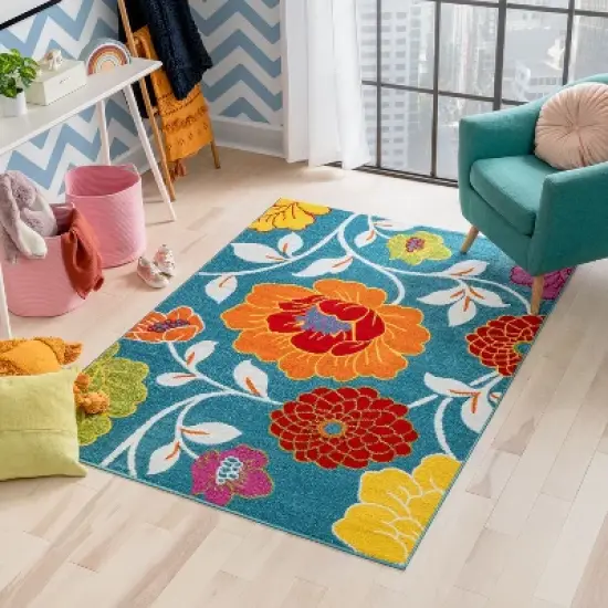 Well Woven Modern Daisy Flowers Blue Kids Room Floral Area Rug image {6}