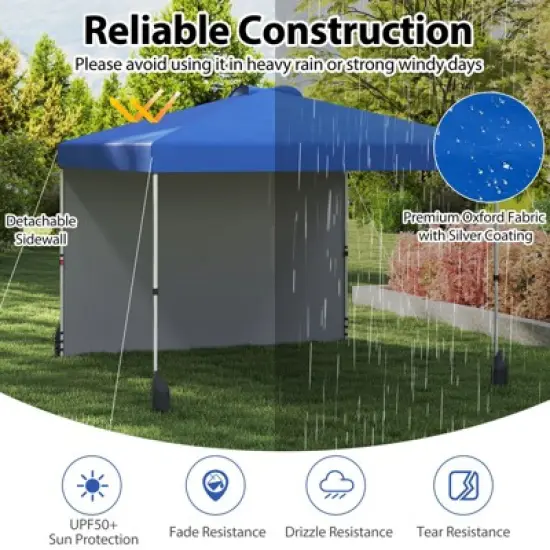 Tangkula 10 X 10 FT Pop up Canopy Tent w/ 1 Sidewall Wheeled Bag 8 Stakes & 4 Wind Ropes image {5}