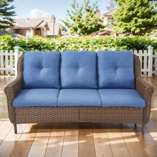 POCASSY 68" Wide Outdoor 3-Seater Sofa Patio Couch, All Weather Brown Wicker Patio Couch with Cushions for Porch Deck Backyard Pool image {10}