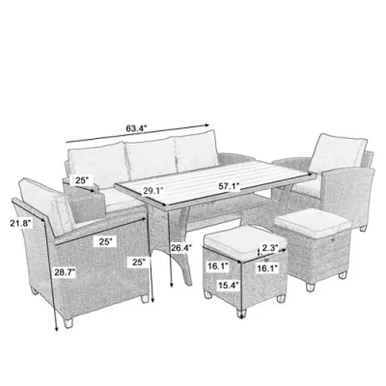 JUJABU 6-Piece Wicker Patio Garden Backyard Sofa Set with Cushion, 2 Stools and Coffeetable image {2}