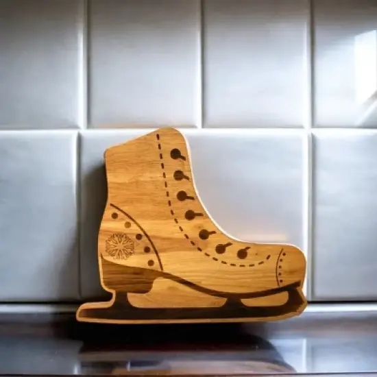 Slickblue Winter Ice Skates Wood Board 15"x12.5" - Pine Wood Serving Tray with Snowflake Heel & Holiday Charm image {1}