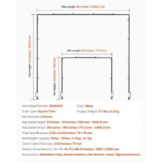 VEVOR Over The Table Rod Stand with Clamps, 13"-42" Tall & 28"-98" Length Adjustable, 2 Packs Table Arch Stand, Tabletop Balloon Arch Frame, Black image {7}