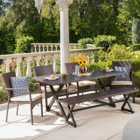 Christopher Knight Home Sequoia Outdoor Wicker and Aluminum 6 Piece Dining Set with Bench image {11}