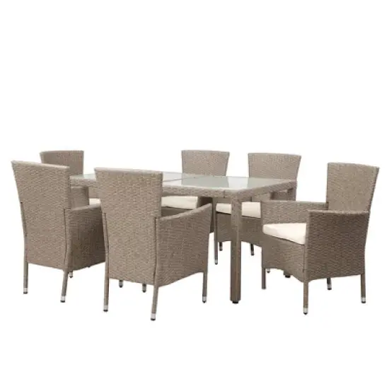 7pc Outdoor Wicker Dining Set with Cushions - Beige - GODEER image {3}
