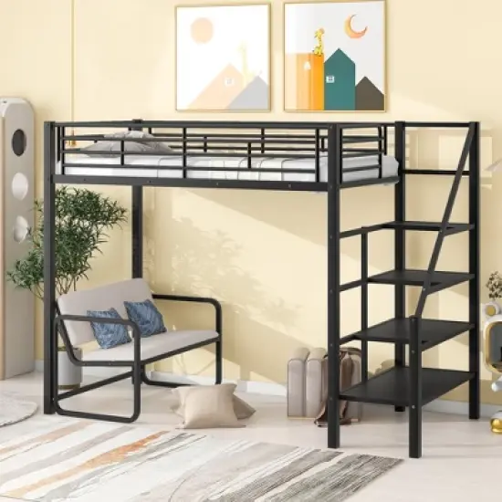 Twin Size Metal Loft Bed with Bench and Storage Staircase, Black-ModernLuxe image {2}