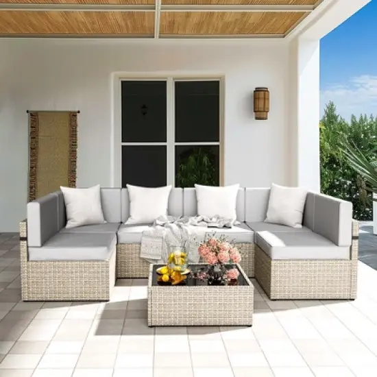 Pamapic 7-Piece Wicker Outdoor Sectional Set with Coffee Table and Cushions image {11}