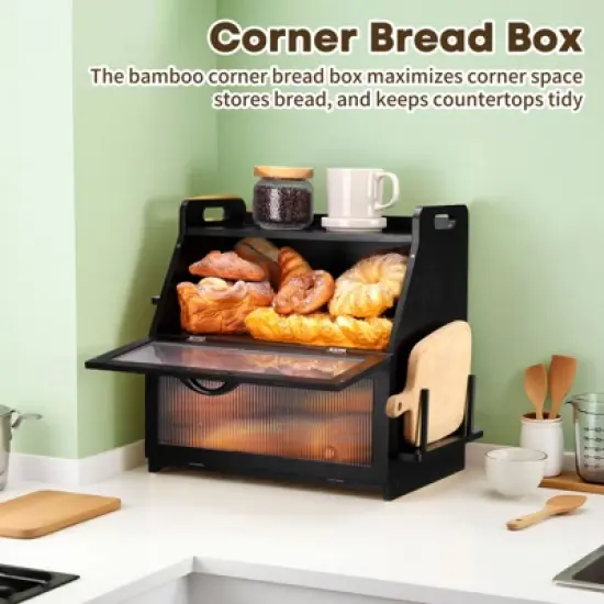 Unique Bargains Bamboo Large Double Layer Acrylic Window Bread Storage Container Black image {4}