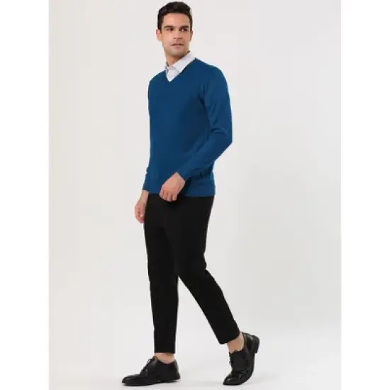 Lars Amadeus Men's Solid Color Knitted Long Sleeves V Neck Pullover Sweater image {2}