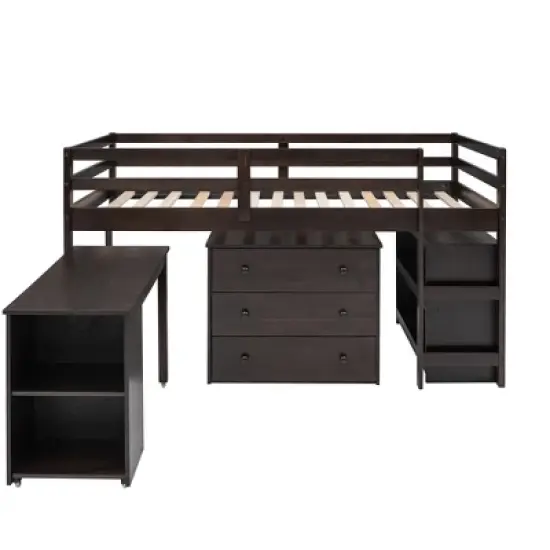 Low Twin Loft Bed with Cabinet and Rolling Portable Desk - ModernLuxe image {1}