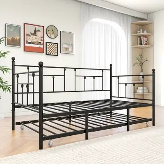 Twin Size Daybed Metal Frame with Trundle Set, Twin Day Bed Sofa, Daybed and Roll Sofa Bed for Guest Room, Bedroom, Living Room, Victorian Style image {9}