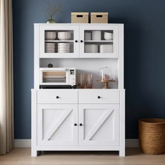 63" Tall Kitchen Pantry Cabinet with Drawers, Hutch, Glass Doors, Adjustable Shelves, Freestanding Microwave Stand & Storage Cabinet, White image {7}