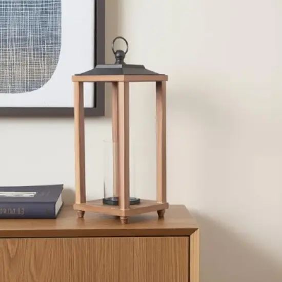 HomeRoots 21" Brown And Black Geometric Metal And Solid Wood Tabletop Lantern Candle Holder image {1}